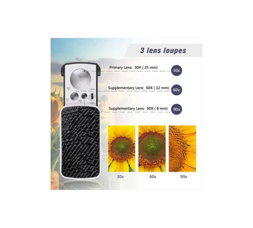 TH-774 Üç Mercekli Işıklı Büyüteç – 30X 60X 90X Zoom, UV ve LED Işıklı