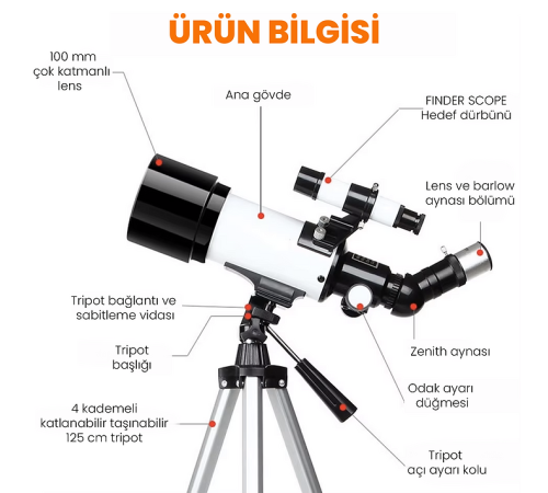 40070 Tripotlu Çantalı Zenith-Barlow X2 Lensli Profesyonel HD Teleskop