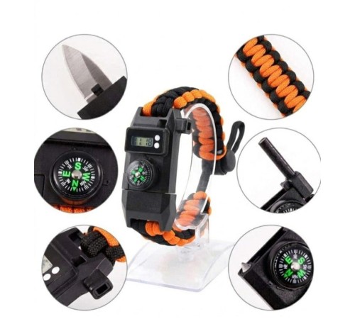 Paracord Dijital Saat Düdük Hayatta Kalma Turuncu Kamp Bilekliği