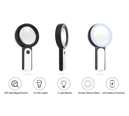 Nikula-30X -12Işıklı Büyüteç Taşınabilir Çıft Katmanlı Optik Cam Okuma Büyüteç 2290-18